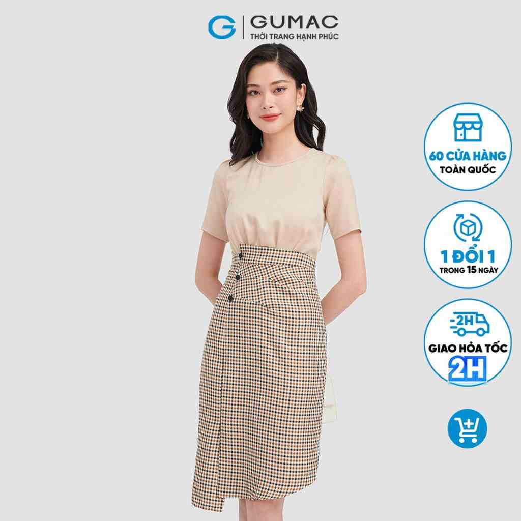 Đầm ôm body nữ sọc caro GUMAC phối lụa thời trang DC09039