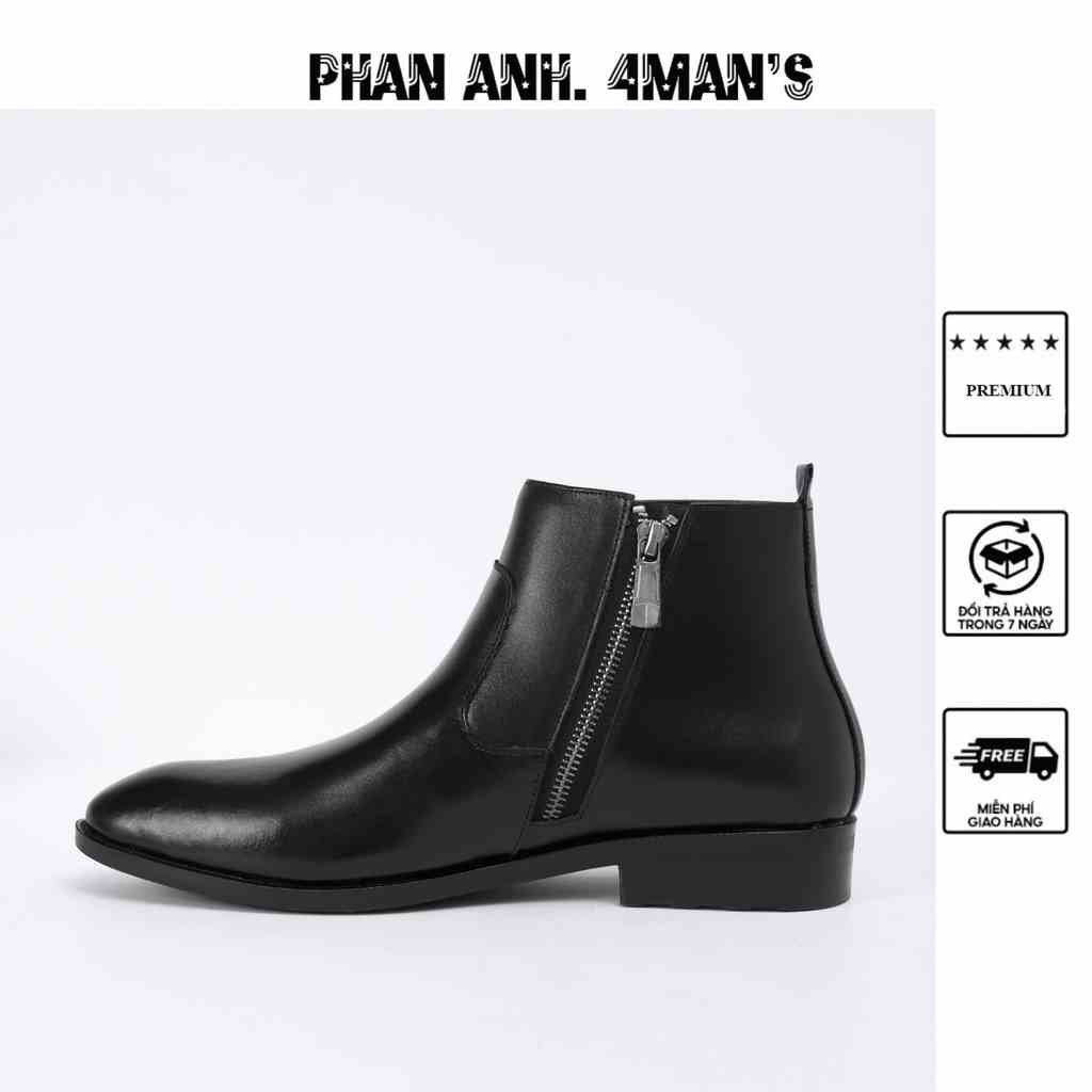 Chelsea boot PHANANH.4MANS nam Đen cao cổ khóa kéo làm từ da bò nguyên tấm đế caosu