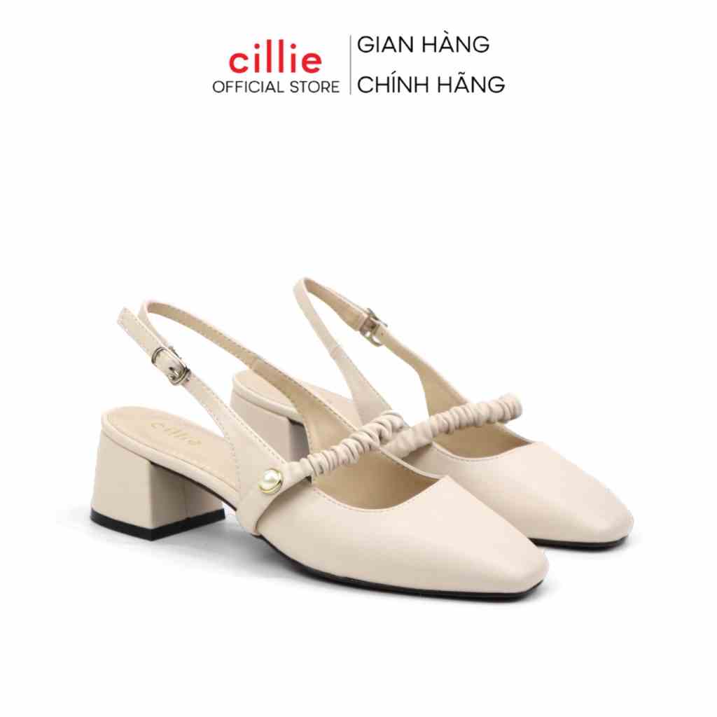 Giày cao gót slingback nữ quai ngang nhúng bèo tiểu thư đế vuông cao 5cm đi học đi làm Cillie 1089