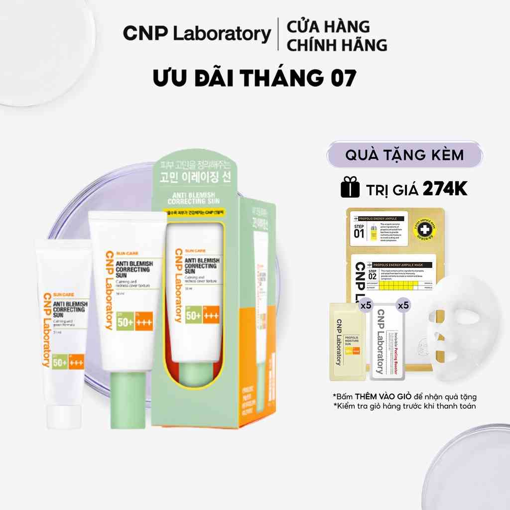 [Mã COSCNBE6 giảm 10% đơn 500K] Bộ kem chống nắng giảm mẩn đỏ cho da mụn CNP Anti Blemish Correcting Sun SPF50+/PA+++