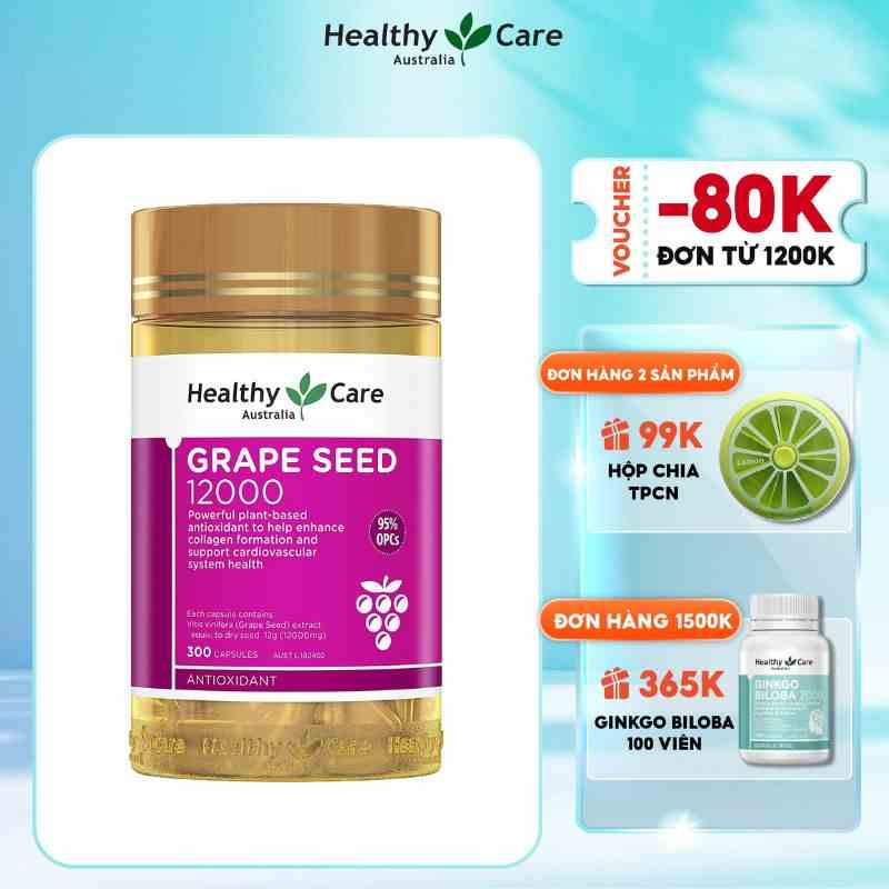 Viên uống tinh chất nho Healthy Care Grape Seed 12000mg giúp lưu thông máu 300 viên