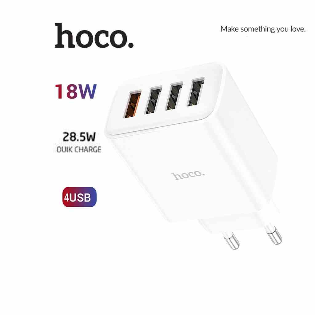 Củ sạc nhanh C102A PD28.5W Hoco 4 cổng USB chân tròn , QC3.0 sạc nhiều thiết bị cùng lúc