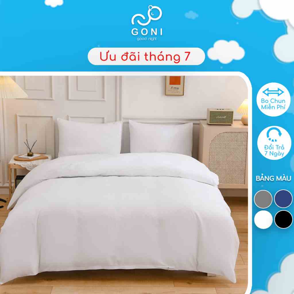 Bộ chăn ga gối màu Trắng trơn cotton tici GONI drap giường phong cách tối giản đủ size drap ga giường