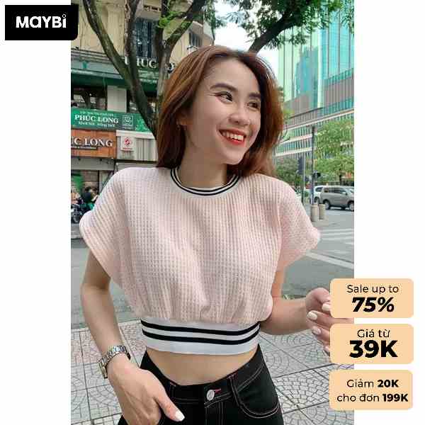 Áo croptop ôm thun waffle không tay phối bo