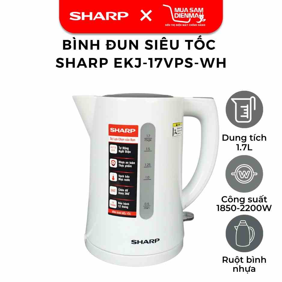 [Mã BMLTB200 giảm đến 100K đơn 499K] Ấm siêu tốc 1.7 lít Sharp EKJ-17VPS-WH, hàng chính hãng, bảo hành 12 tháng