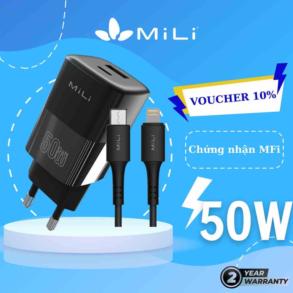 [Mã BMLTA35 giảm đến 35K đơn 99K] Combo sạc nhanh MiLi PD 50W GaN - HC-H48 và Cáp C to Li MiLi - HI-L70