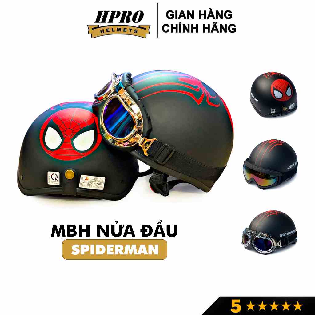 Mũ bảo hiểm nửa đầu Hpro Helmet, nón 1/2 đầu Freesize (55-59cm), an toàn, cao cấp, họa tiết nhện nhọ thân thiện