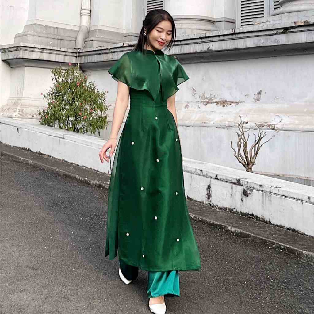 Áo dài thiết kế phủ vai thanh tao organza 4 tà hiện đại kèm quần Callene (CC300)