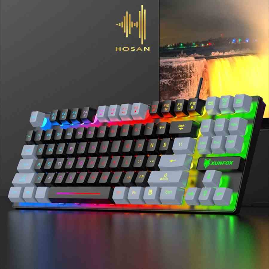 Bàn phím giả cơ gaming HOSAN xunfox K10 có dây, công thái học 87 phím LED Rainbow