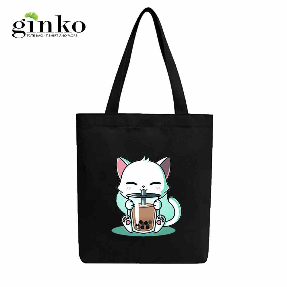 Túi Tote GINKO Vải Canvas  có dây kéo khóa (có túi con bên trong) In Hình Boba Cat from TeeTurtle Day of the Shirt-GK24