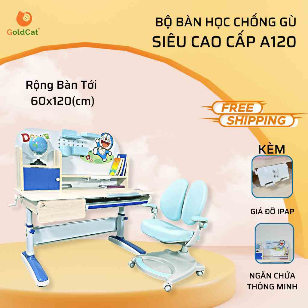 Bàn ghế thông minh cho bé có giá sách, chống gù chống cận cao cấp GoldCat A120 | Tặng kệ bút, giá kệ Ipad