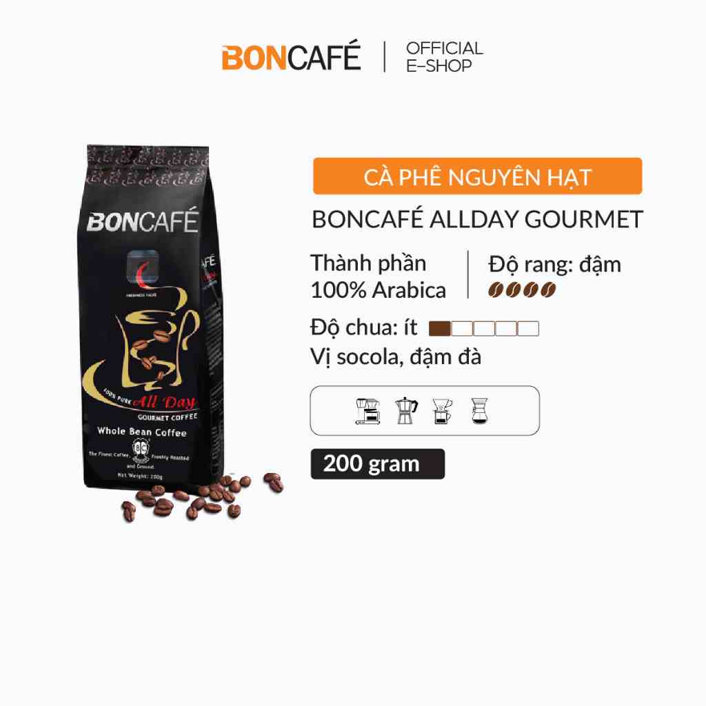 Cà phê nguyên hạt nguyên chất Arabica rang đậm All day Boncafé Gourrmet 200g/gói - Cà phê pha phin, pha espresso