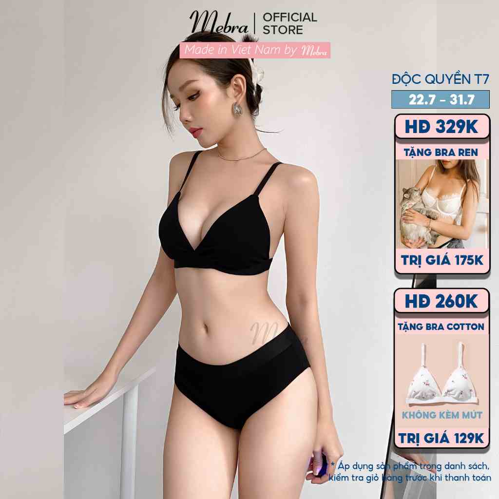 Bikini basic kết hợp đồ lót cotton 2 mảnh áo bra không gọng mút mỏng có móc lưng quần tam giác chun bản to Mebra A060C