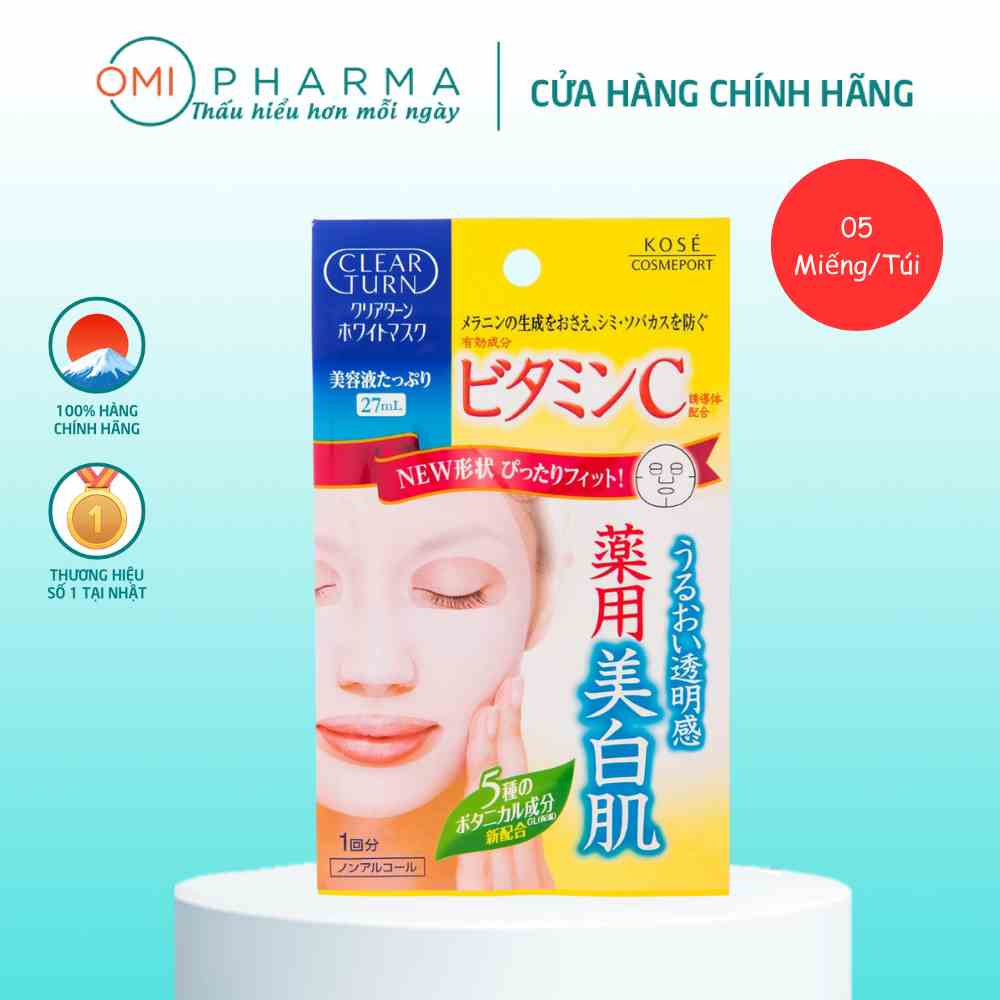 Mặt Nạ Dưỡng Trắng Da Tinh Chất Vitamin C Kose Nhật Bản Clear Turn (5 Miếng/Gói)