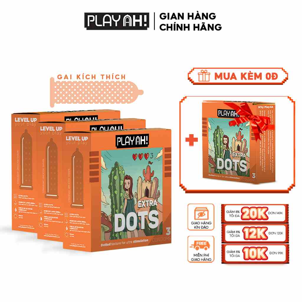 Combo 3 Bao cao su PLAYAH Extra Dots Thêm Gai Hộp 3