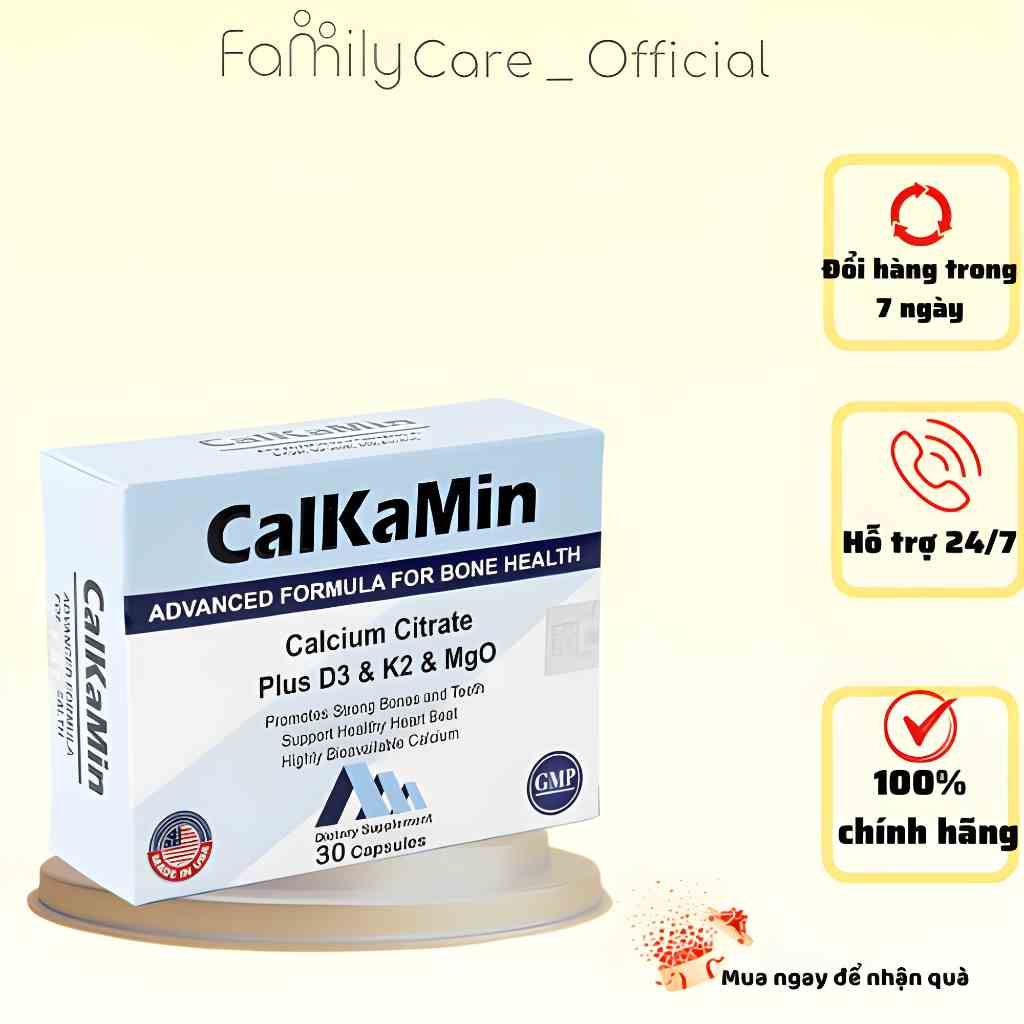 Calkamin - Bổ sung Canxi và Vitamin D3, K2 giúp răng, xương chắc khỏe hộp 30 viên