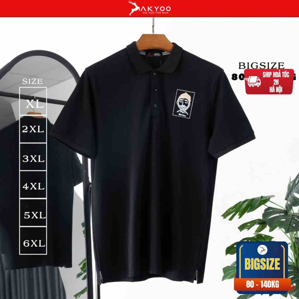 Áo POLO Nam Bigsize 80-140KG AKYOO Cao Cấp Cotton Co Giãn, Thâm Hút Mồ Hôi, Áo Polo Bigsize - PL DEN IN