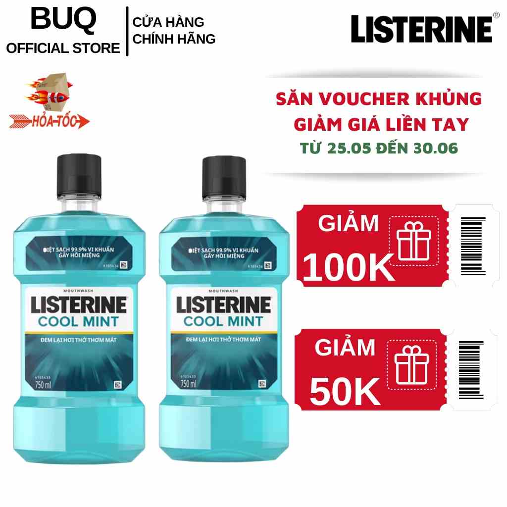 Bộ 2 chai nước súc miệng Listerine Cool Mint diệt khuẩn giữ hơi thở thơm mát 750ml/chai