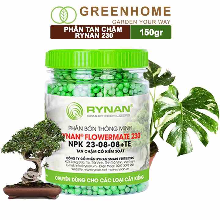 Phân tan chậm Greenhome, rynan 230, chai 150gr, chuyên kiểng lá, dưỡng lá xanh, sinh trưởng khoẻ