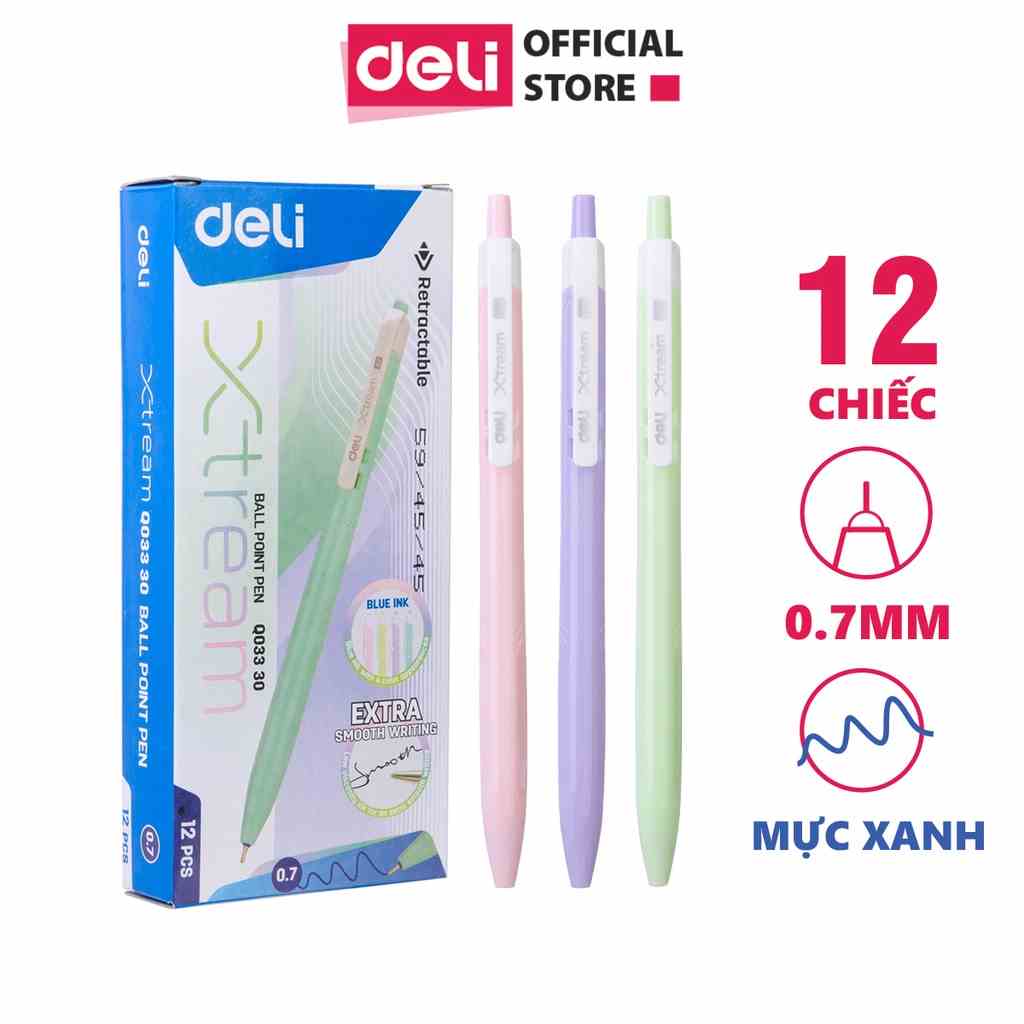 Bút bi bấm văn phòng mực xanh ngòi 0.7mm Deli giá rẻ viết nét đều trơn tru - Hộp 12 chiếc - EQ03330