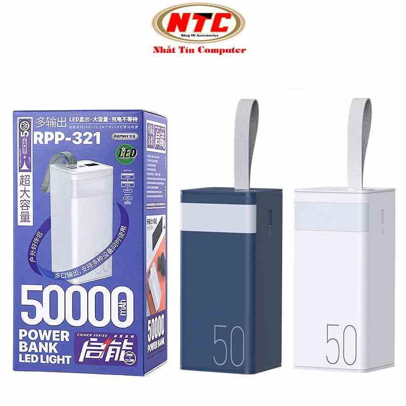 Pin dự phòng sạc nhanh Remax RPP-321 dung lượng 50000mAh đèn pin chiếu sáng - hỗ trợ QC 22.5 và PD 20W (2 màu tuỳ chọn)