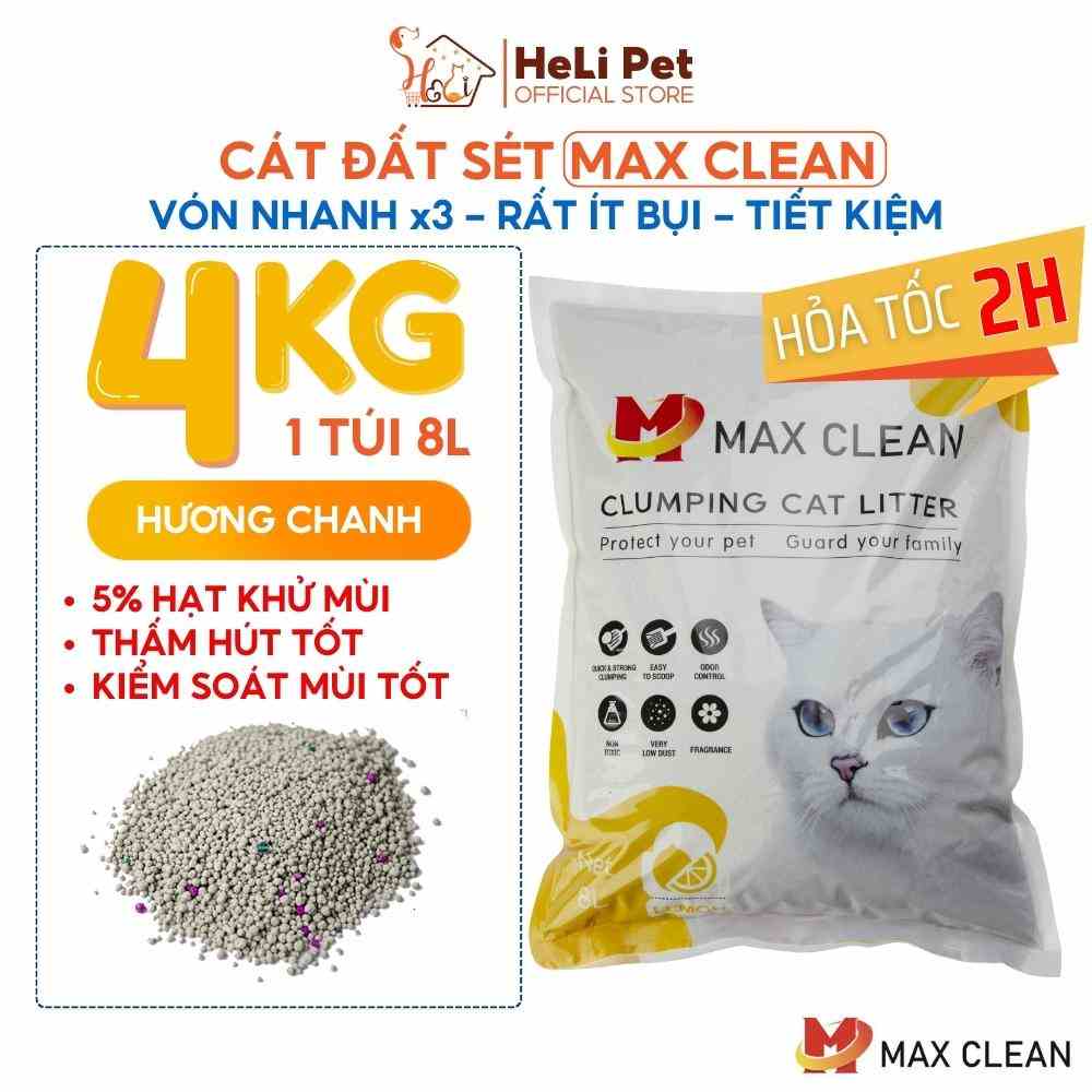 Cát Vệ Sinh Cho Mèo Max Clean Dùng Máy Dọn Phân Mèo, Khay Vệ Sinh Hương CHANH 4Kg Siêu Vón Siêu Ít Bụi