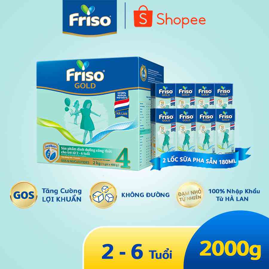 [Tặng 2 lốc sữa pha sẵn RTD 180ml] Sữa Bột Friso Gold 4 Hộp Giấy 2kg (Dành Cho Trẻ Từ 2 - 6 Tuổi)