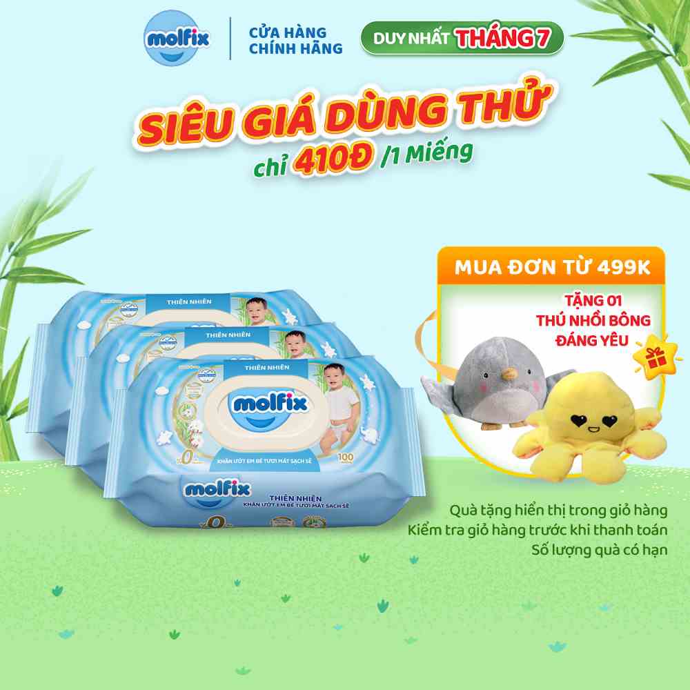 Combo 3 Khăn ướt Molfix Thiên nhiên Tươi Mát Sạch Sẽ - Gói 100 miếng