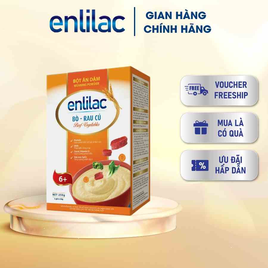 Bột ăn dặm Bò - Rau Củ ENLILAC bổ sung dinh dưỡng cho bé, tăng cường hệ miễn dịch Hộp 250gr