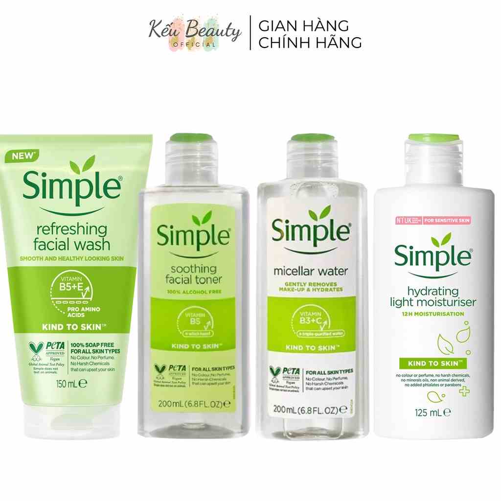 Combo dưỡng da Simple dịu nhẹ - sữa rửa mặt, tẩy trang, toner & sữa dưỡng ẩm (125ml/150ml/200ml)