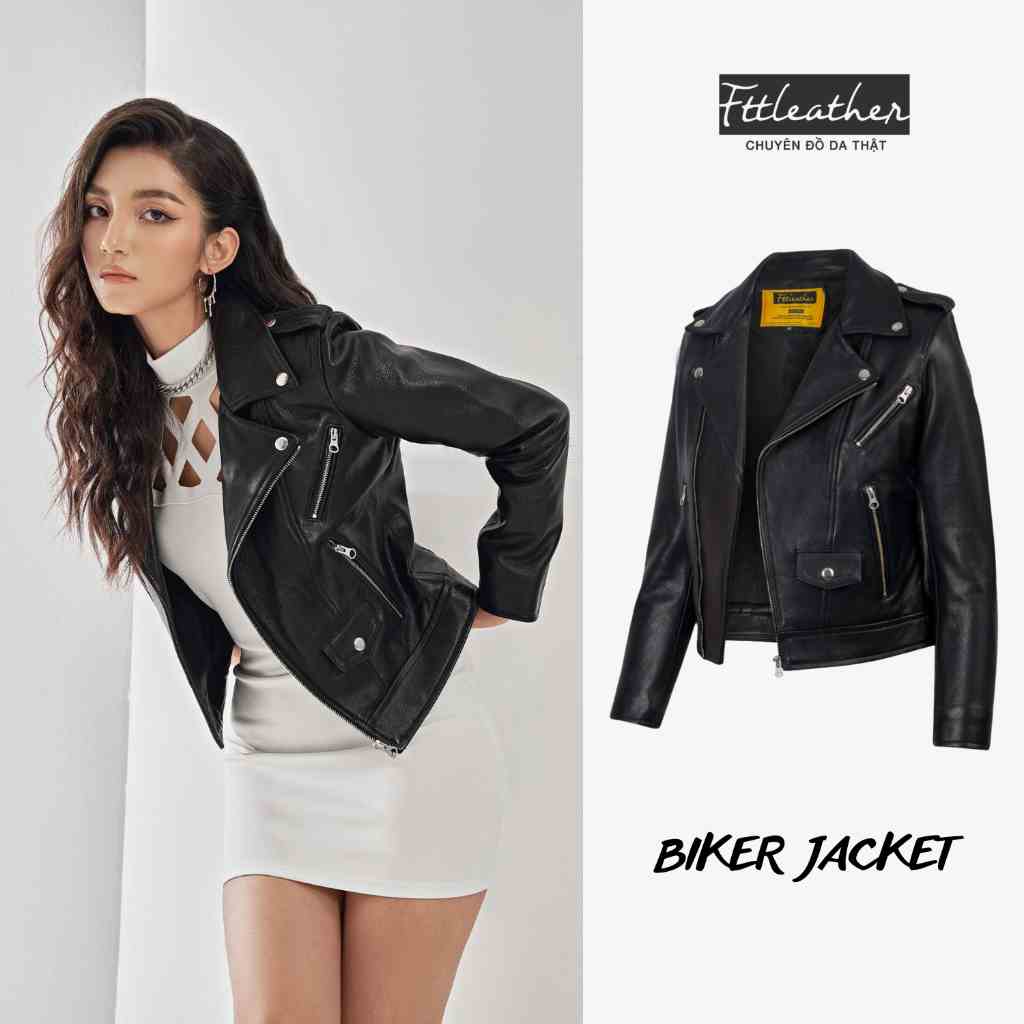 Áo Da Cừu Nữ FTT Leather Biker Jacket Cúc Khoá Trắng Cao Cấp, Trẻ Trung