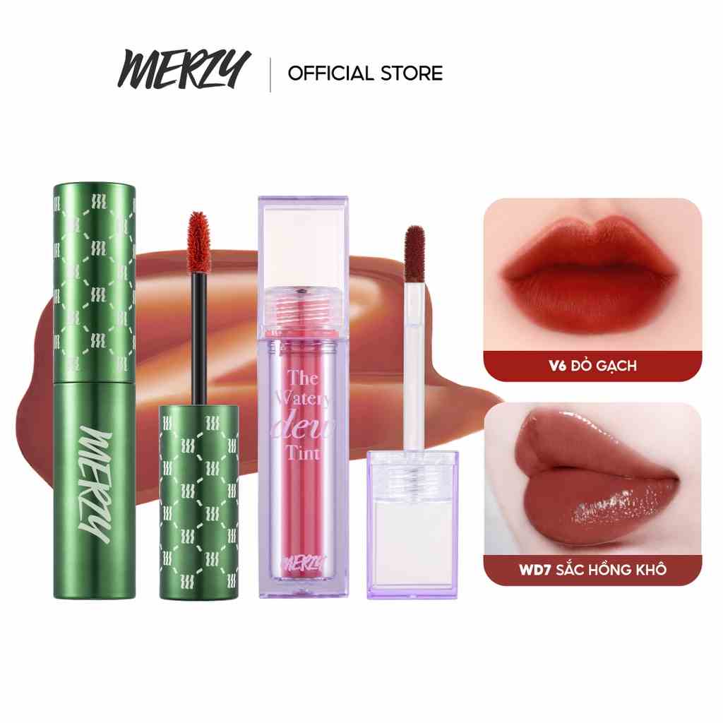 Combo 2 Son Kem Lì Merzy The First Velvet Tint 4.5g (V6 Green vỏ xanh) + Son Tint Bóng Merzy Watery Dew Tint 4g