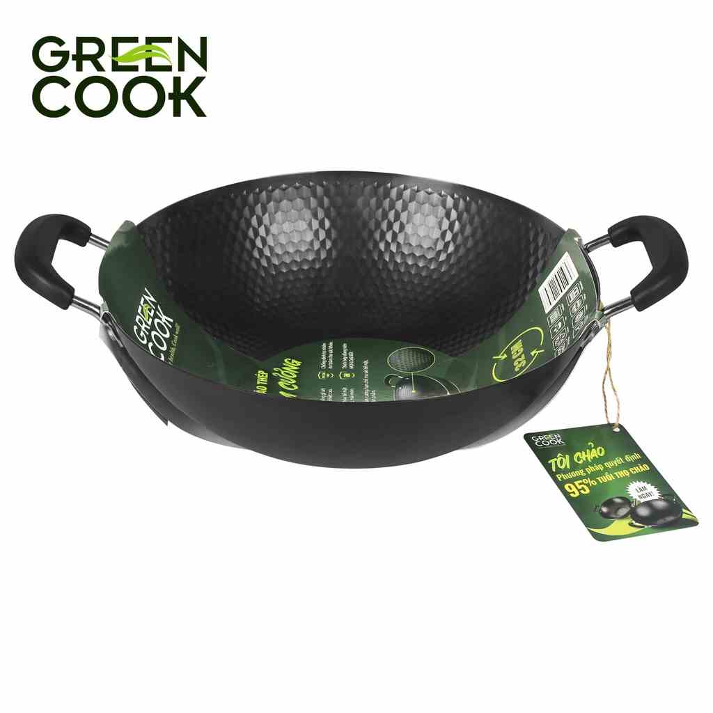 Chảo xào thép sâu lòng vân kim cương Green Cook GCW02 chống dính tự nhiên dùng được trên tất cả các loại