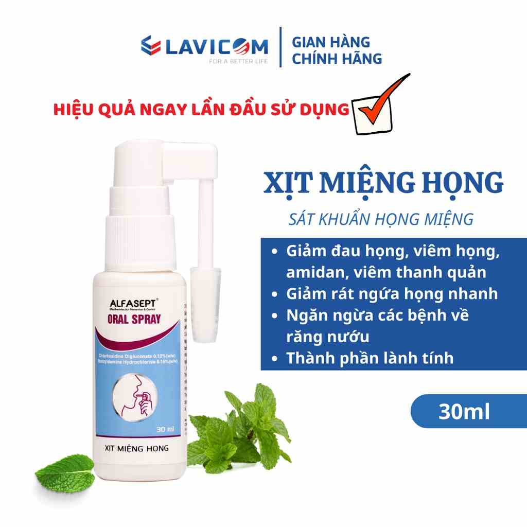 Xịt họng ALFASEPT Oral Spray 30ml - Hỗ trợ giảm ho, đau ngứa rát họng, viêm họng hương bạc hà thơm mát