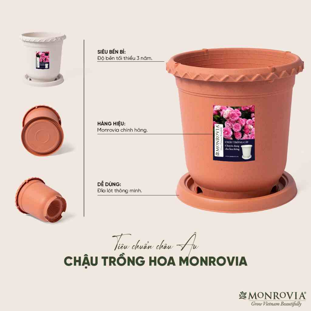 Chậu trồng cây Monrovia chuyên cho hoa hồng, cây cảnh, thiết kế tinh tế, tiêu chuẩn Châu Âu