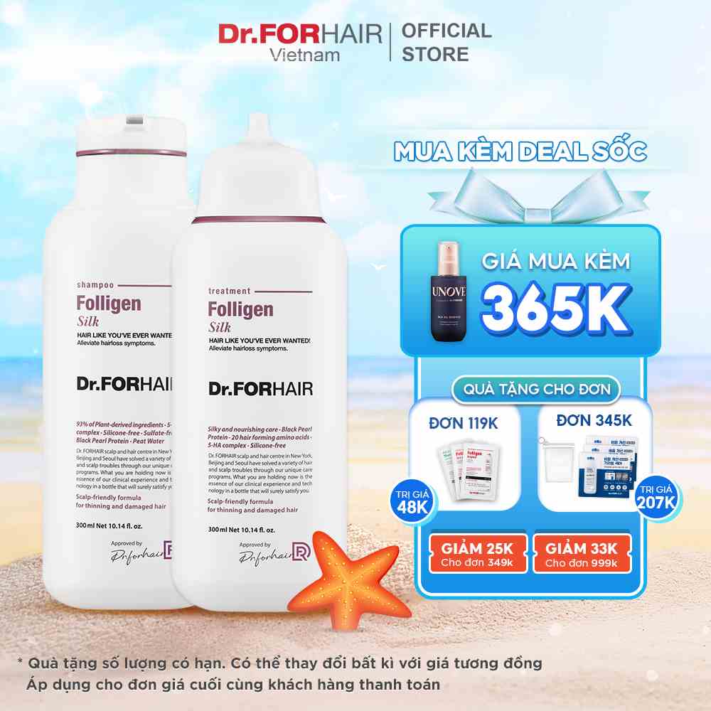 Bộ gội xả dành cho tóc mỏng và hư tổn không chứa silicon Dr. FORHAIR FOLLIGEN SILK SHAMPOO  x FOLLIGEN TREATMENT 600ml