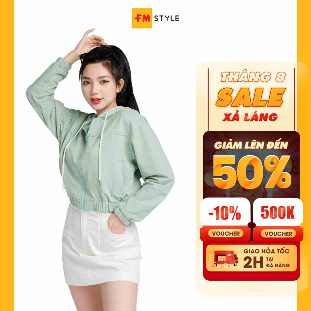 Áo khoác chống nắng nữ FM STYLE chất thun dày dặn dáng ngắn croptop dây kéo có mũ lớn rộng thoải mái 23020562