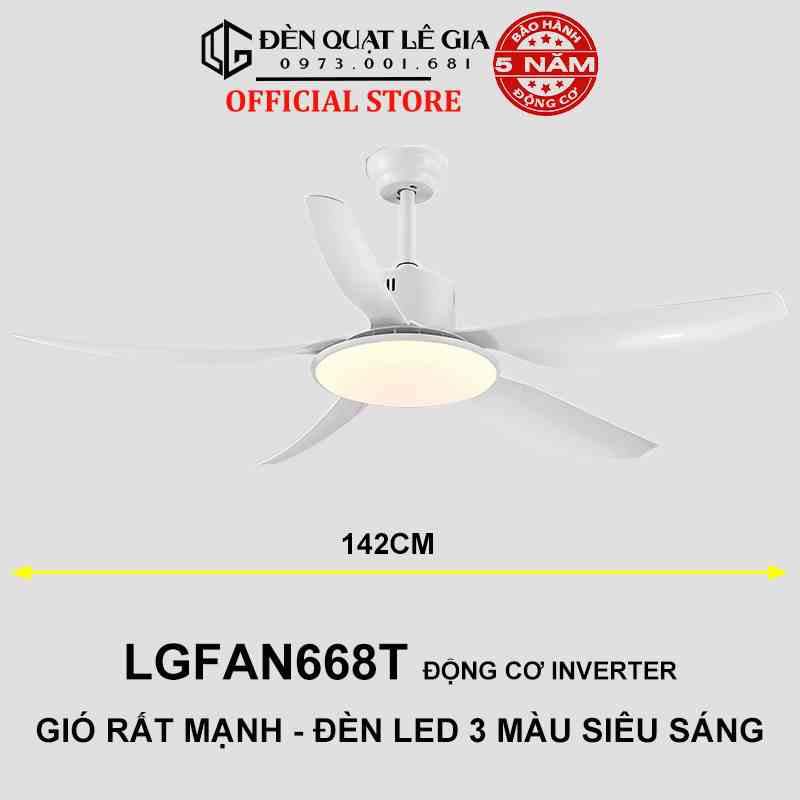 Quạt Trần Đèn Gió Mạnh LÊ GIA LGFAN668T - Chiều Cao 38cm - Sải Cánh 142cm - Bảo Hành 5 Năm