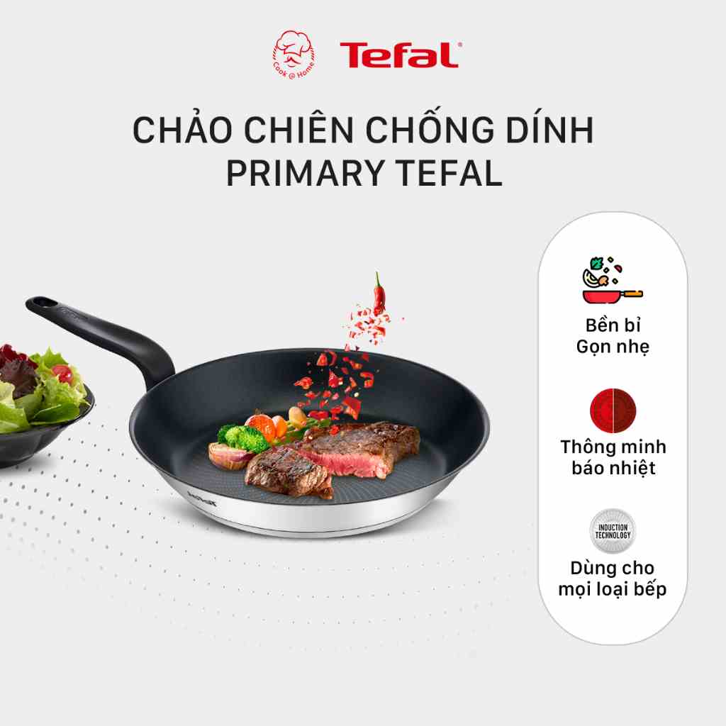 Chảo chống dính inox phủ Titanium Tefal Primary kích thước 20cm/ 24cm/ 26cm/ 28cm dùng cho bếp từ - Bảo hành 2 năm