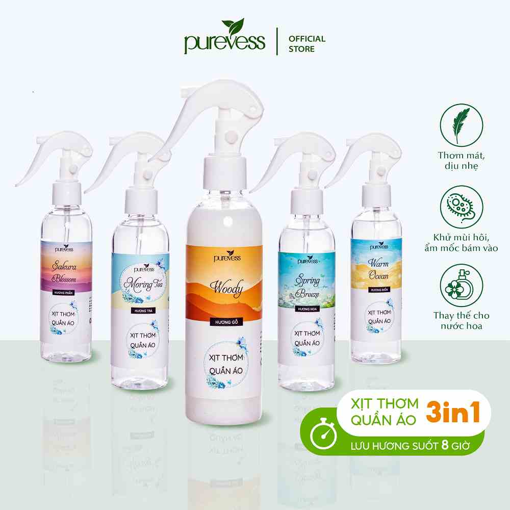 Xịt thơm quần áo Purevess khử mùi ẩm mốc dung tích 200ml