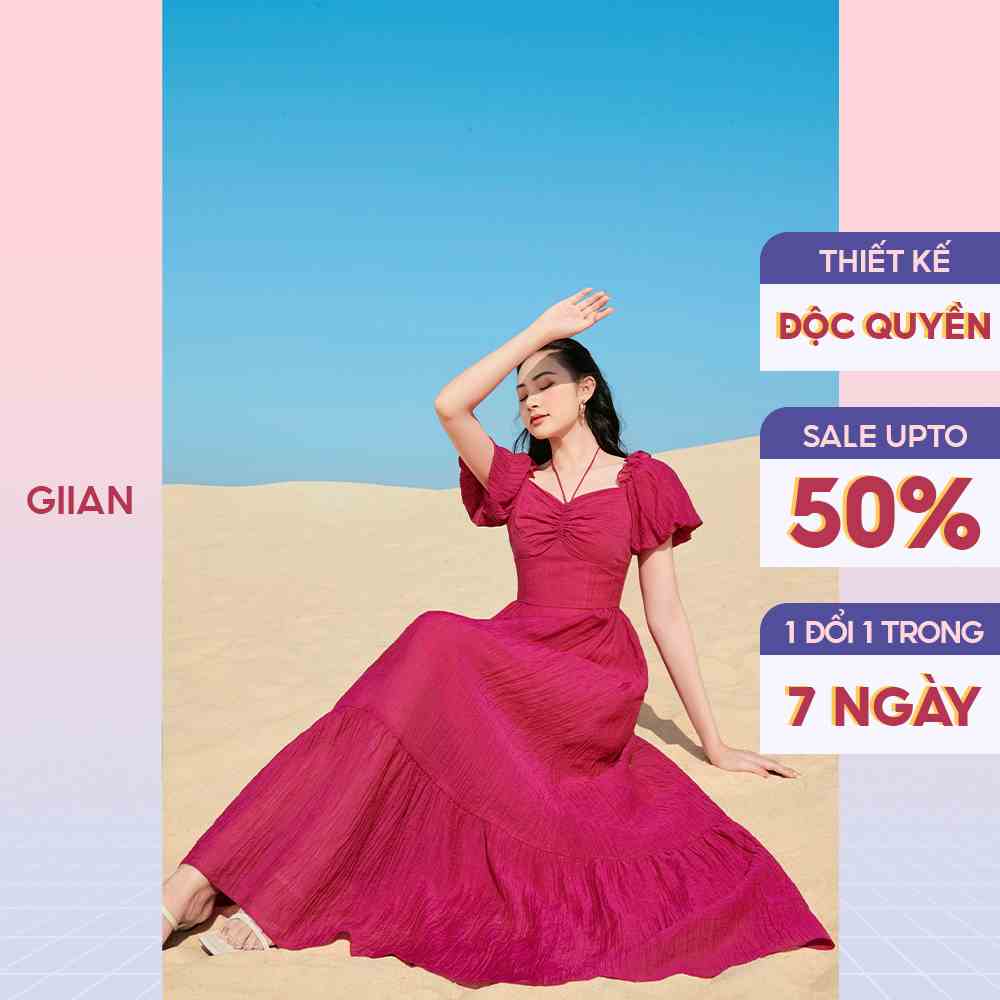 Váy đi biển dáng dài maxi rút dây phối tay bồng phối nhún ngực chính hãng Giian - GV2687