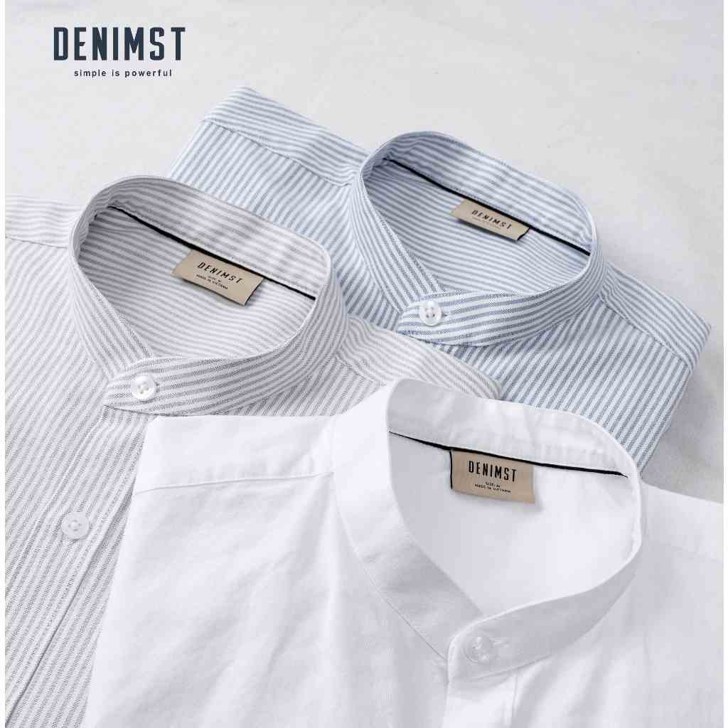 Áo Sơ Mi Nam Cổ Trụ Cotton Oxford Form Suông, kẻ xanh, kẻ ghi, trắng trơn DENIMST 355