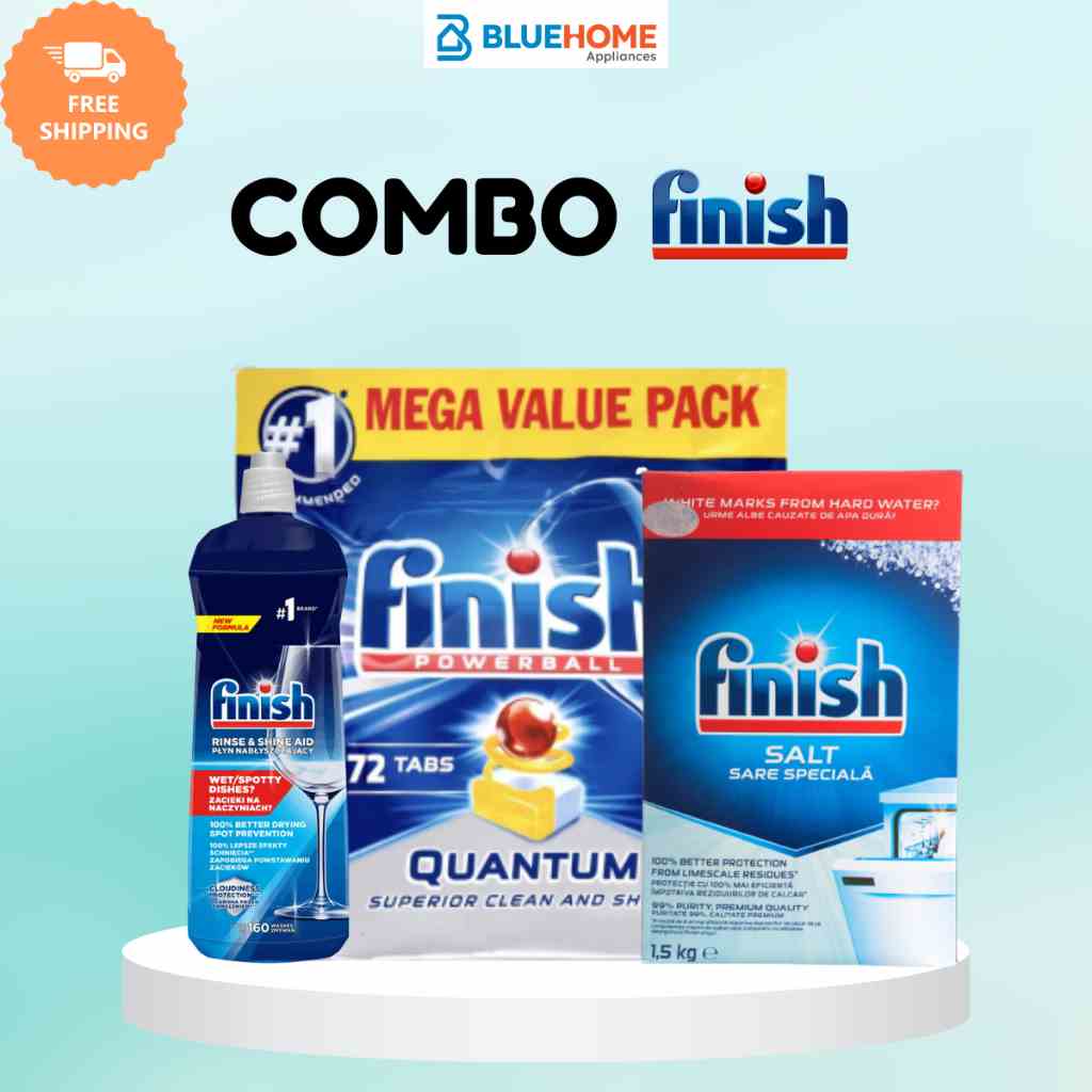 Combo Finish: Viên rửa bát Finish Quantum 72 viên + Muối 1.5kg + Bóng 800ml