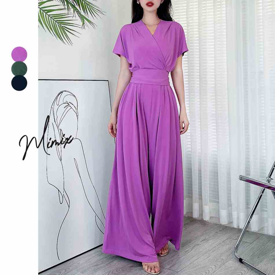 Jumpsuit trơn xếp ly nữ quần ống suông sang trọng MIMIX DD6200