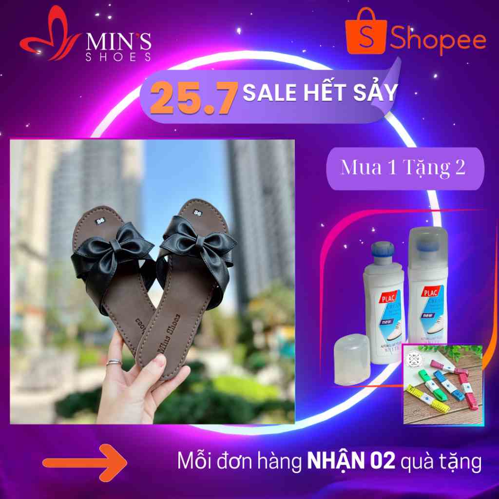 (MUA 1 TẶNG 2 - DUY NHẤT 25-27/07) Mins Shoes - Dép Lê Da Quai Nơ S367 Form Nhỏ Đi Tăng Size