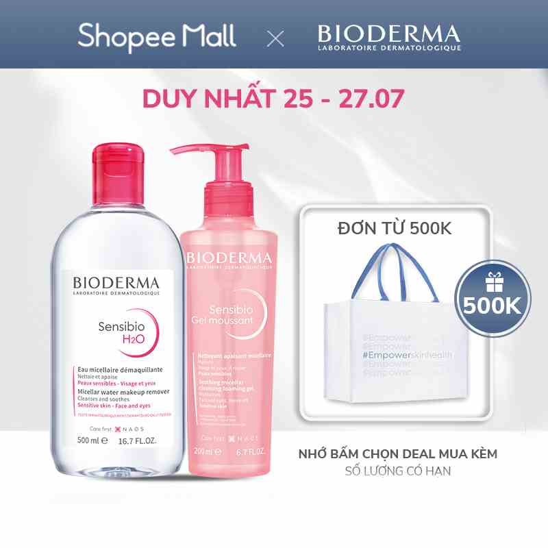 Bộ nước tẩy trang và làm sạch Micellar cho da nhạy cảm Bioderma Sensibo H2O 500ml và gel rửa mặt tạo bọt 200ml