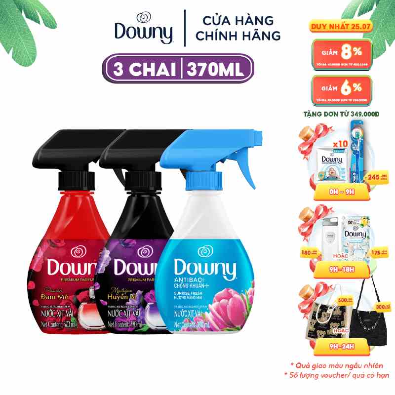 Combo 3 chai Xịt Vải DOWNY Khử Mùi Và Chống Khuẩn 99.9% Chai 370ML Hương Nắng Mai/ Huyền Bí/ Đam Mê