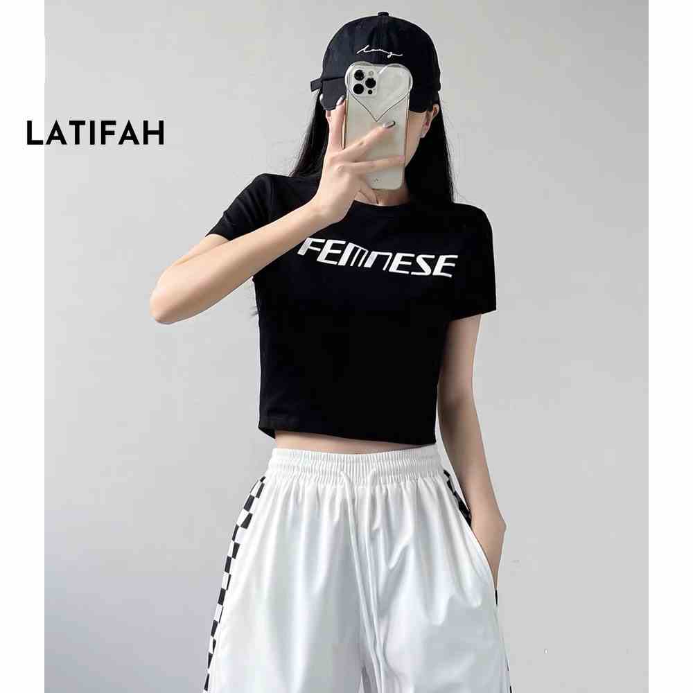 Áo thun croptop tay lỡ Latifah in chữ FEMNESE AT013 chất vãi dày dặn co giãn 4 chiều