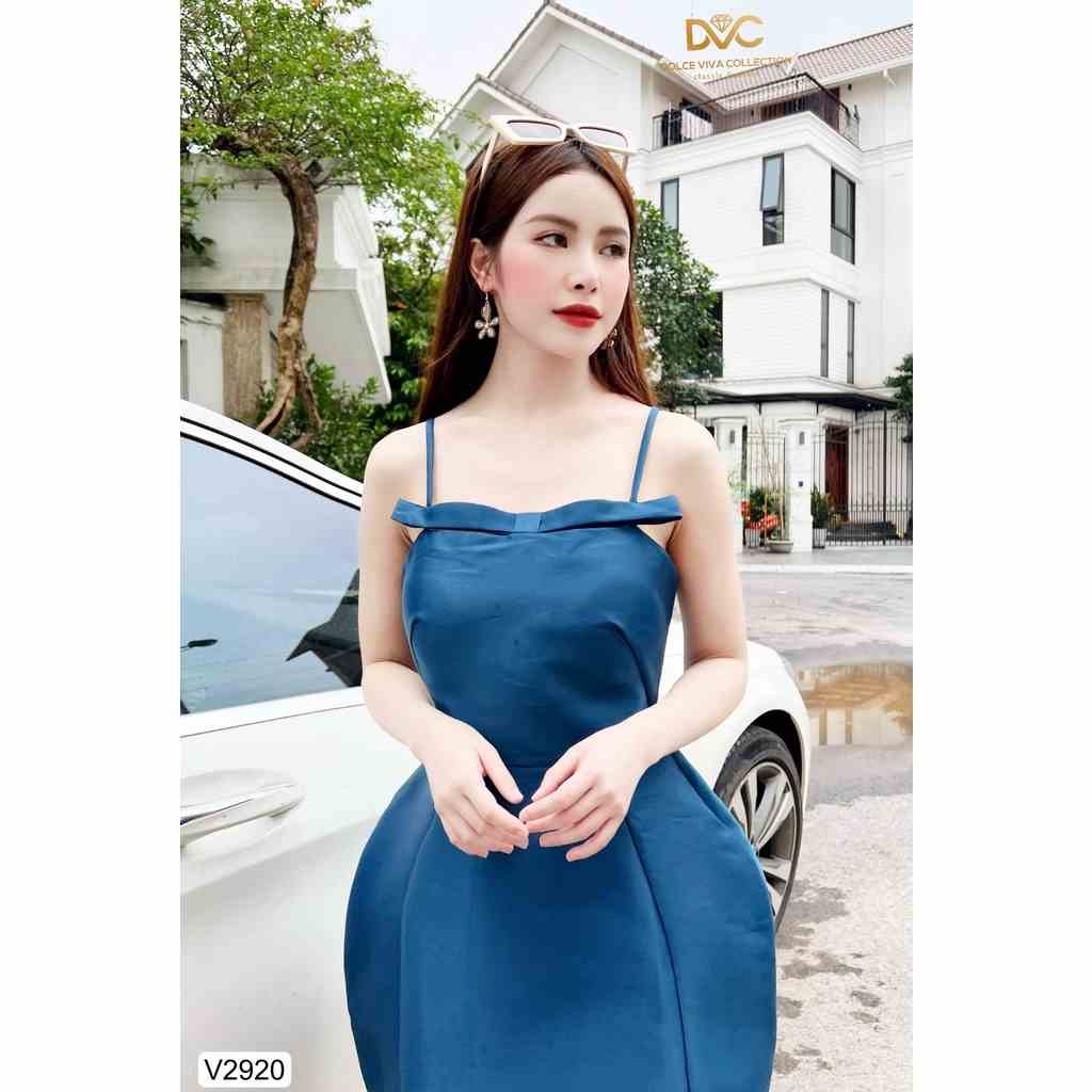 (kèm video)VÁY TAFTA XANH CỔ VỊT HAI DÂY V2920 - DOLCE VIVA COLLECTION