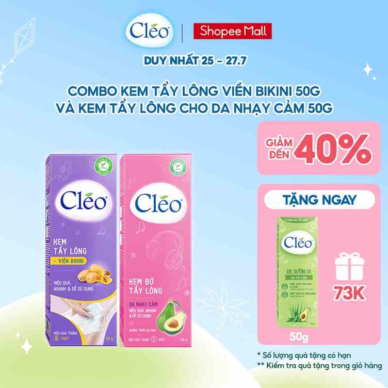 Bộ kem tẩy lông cho da nhạy cảm Cléo gồm kem tẩy lông vùng kín 50g và kem tẩy lông nách 50g, an toàn, da láng mịn